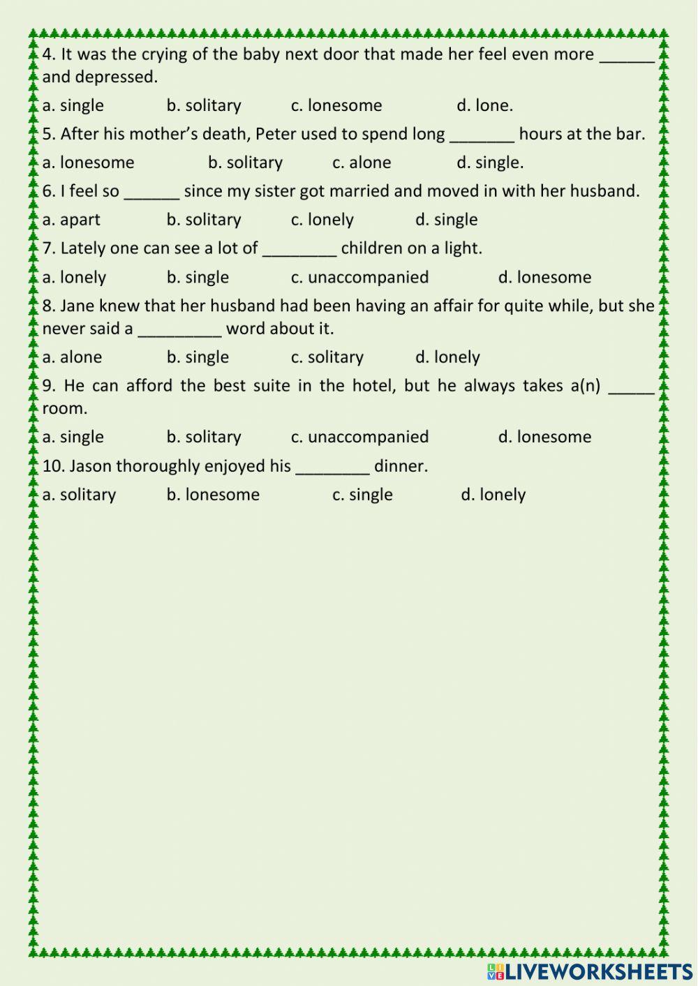 Synonyms lonely, solitary, single, alone worksheet